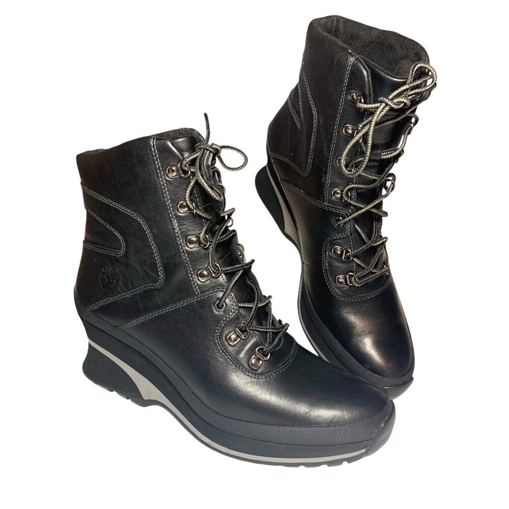 Timberland Womens 89395 Black‎ Leather Lace-up Wedge Booties